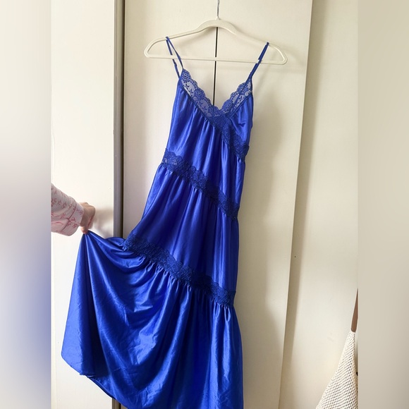 Vintage Slip Dress Royal Blue Vintage Maxi Dress with Asymmetrical Lace Accents - Picture 2 of 8